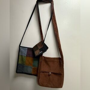NWOT No Brand Brown + IXCHEL Multi-Colored Both Corduroy Crossbody Bags + Wallet